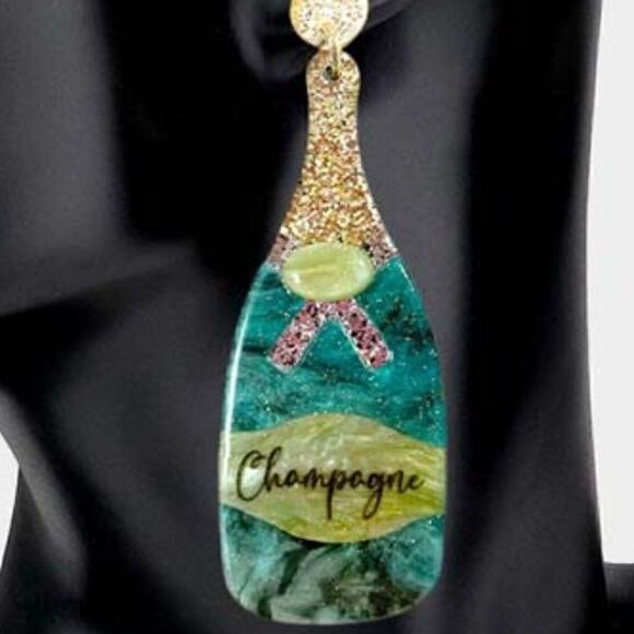 Champagne Bottle Green Glittered Acetate Dangle Earrings - Picture 2 of 7